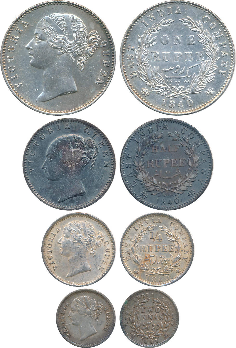 Victoria Queen, Silver (4), Complete set of Rupee, 1/2 Rupee, 1/4 Rupee & 2 Anna, Divided 