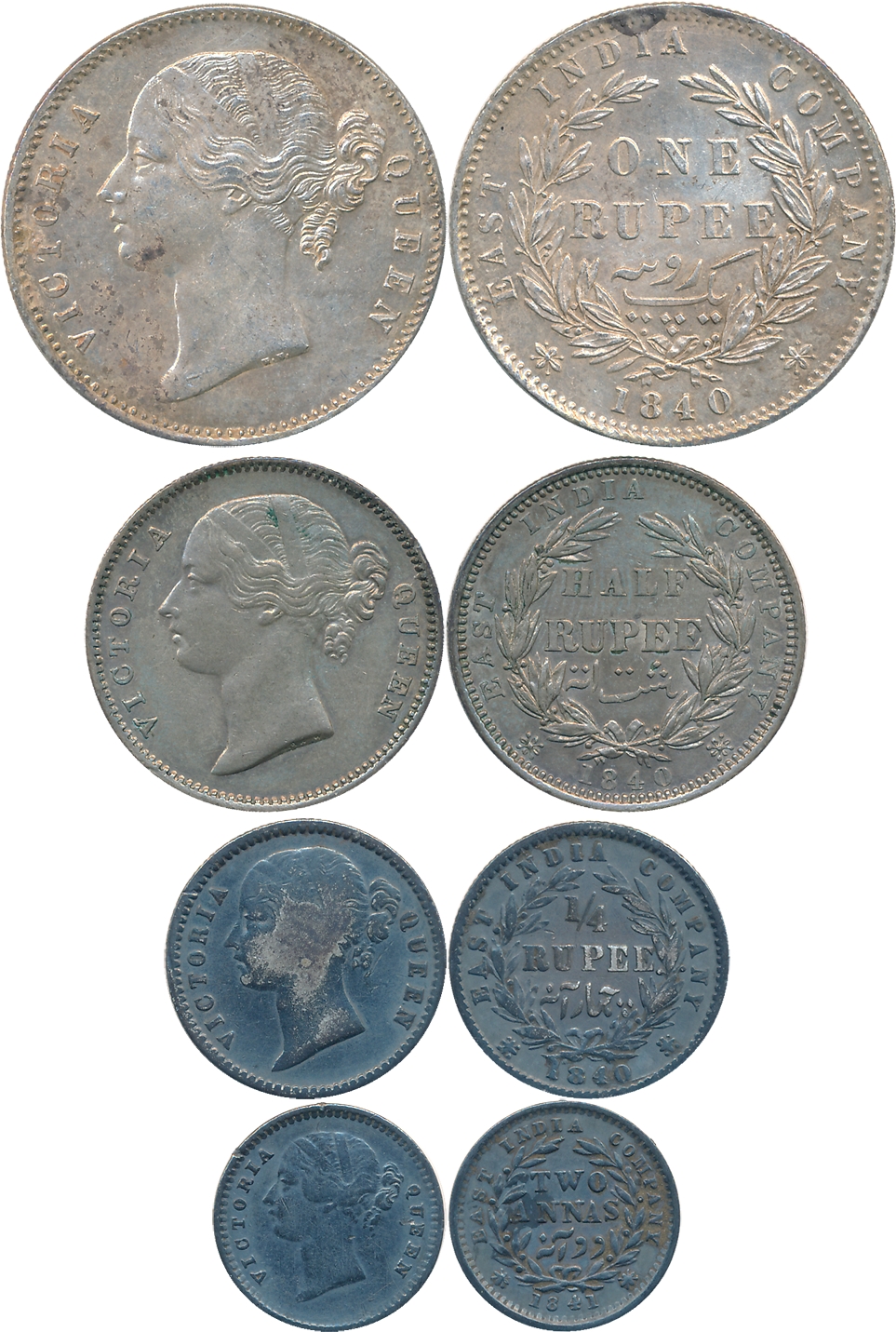 Victoria Queen, Silver (4), Complete set of Rupee, 1/2 Rupee, 1/4 Rupee & 2 Anna, Divided 