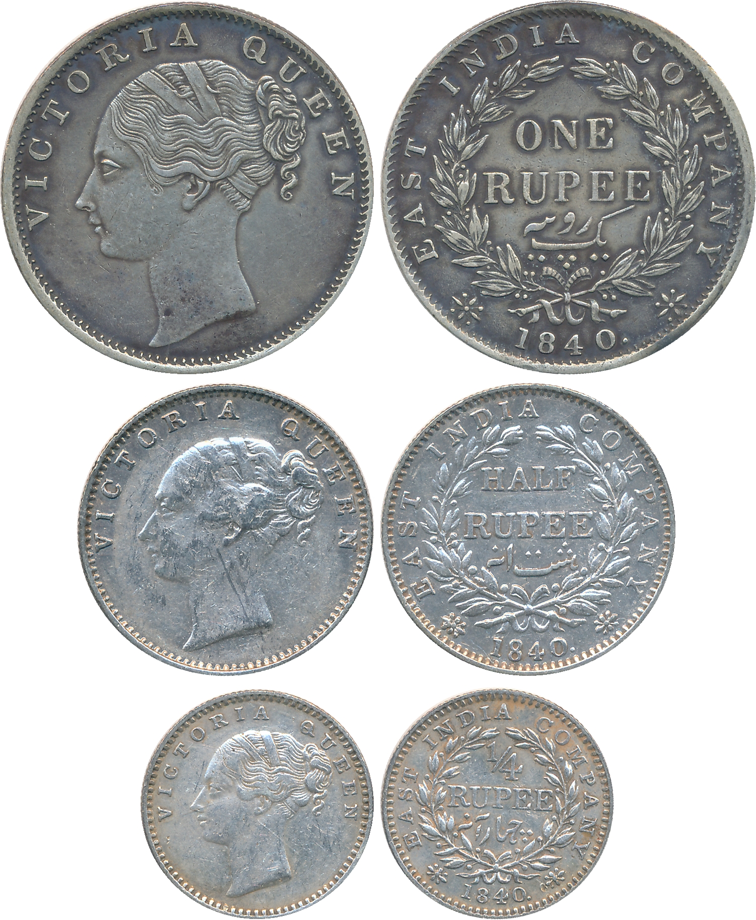 Victoria Queen, Silver (3), Rupee, 1/2 Rupee & 1/4 Rupee, Continuous legend, 1840. Very fi