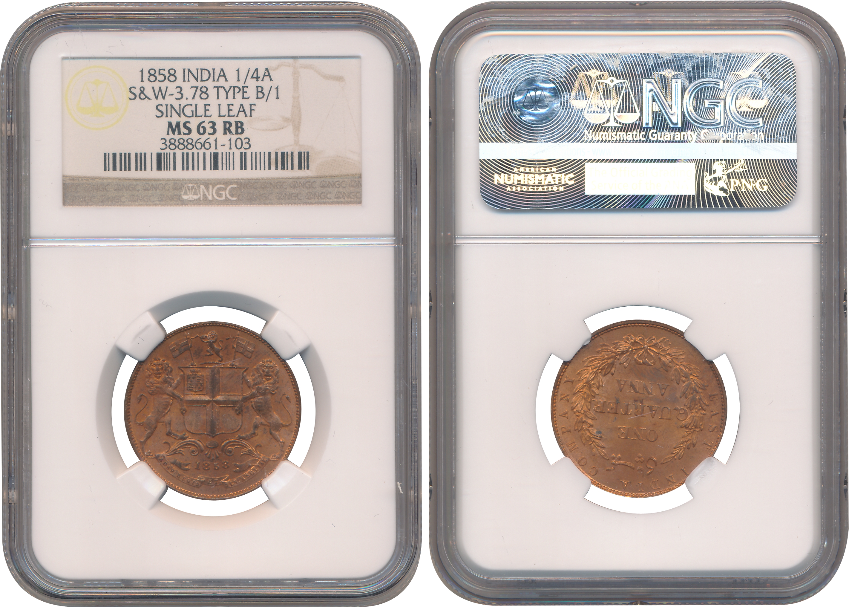 Copper 1/4 Anna, 1858. Slab & Graded by NGC as MS 63 Red Brown.