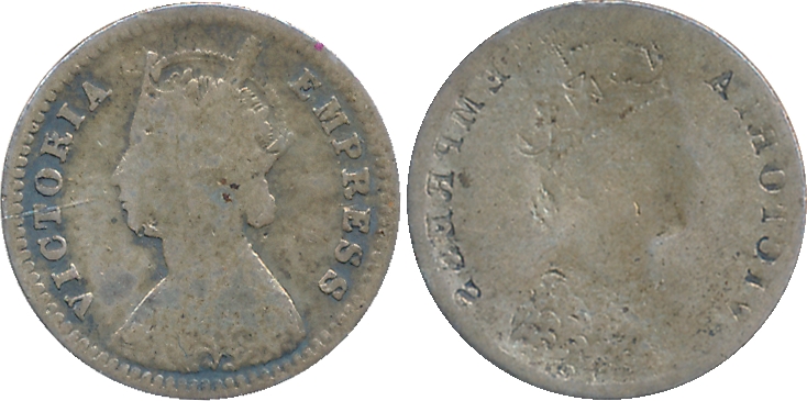Victoria Empress, Silver 2 Anna, 1.37g, Brockage Lakhi of obverse image. Deep strike, very