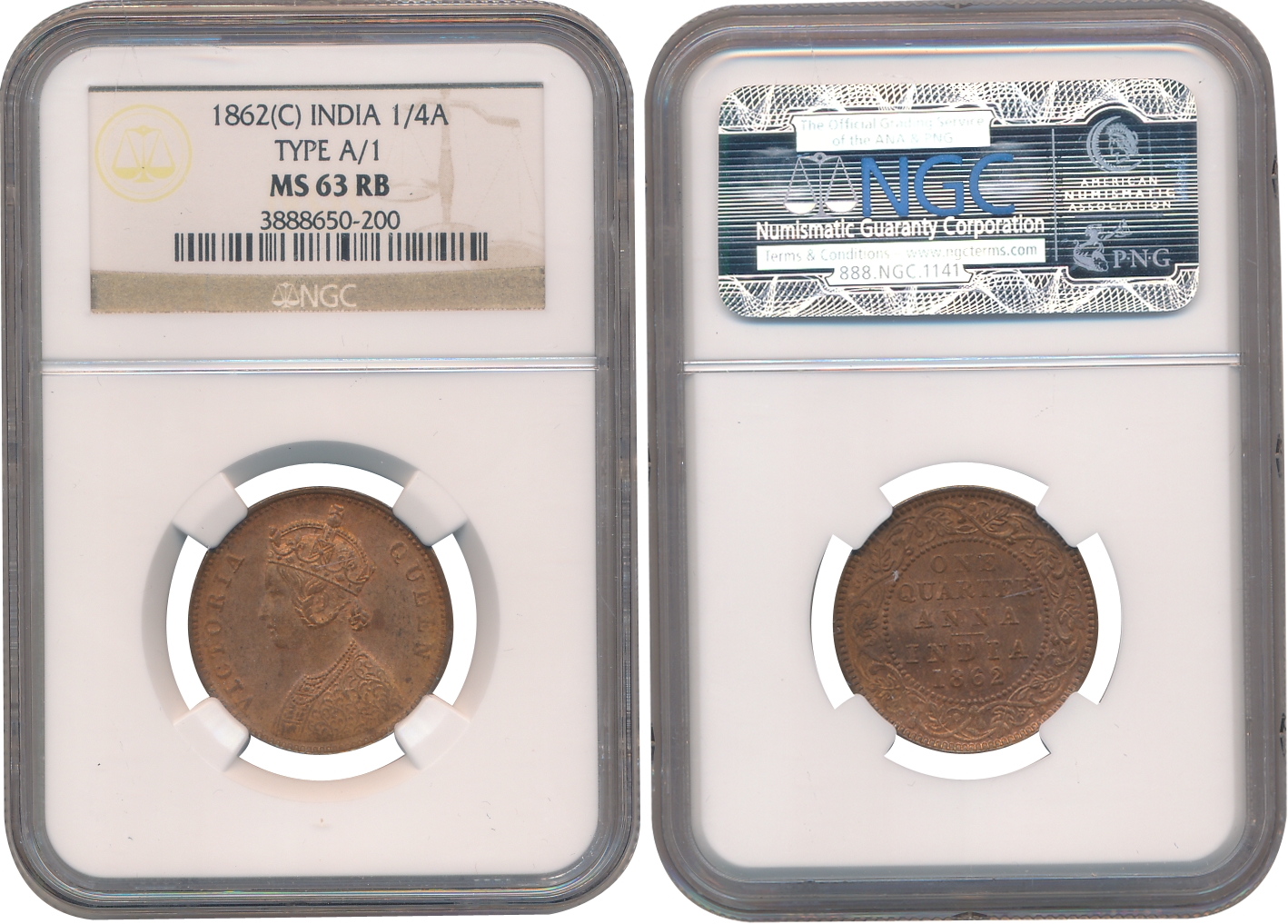 Victoria Empress, Copper 1/4 Anna, 1862, Calcutta Mint. Slab & Graded by NGC as MS 63 Red 