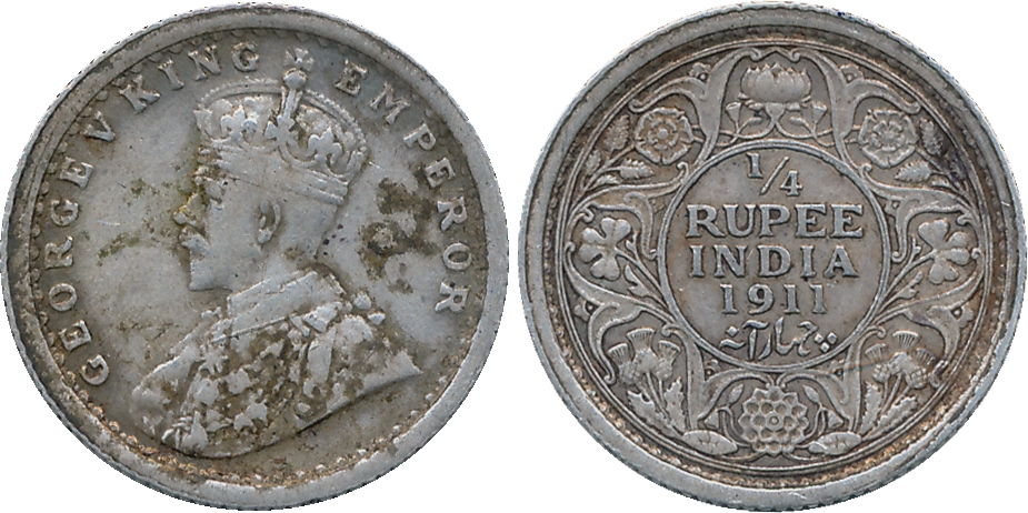 George V, Silver 1/4 Rupee, 1911, Bombay Mint. Very fine, rare.