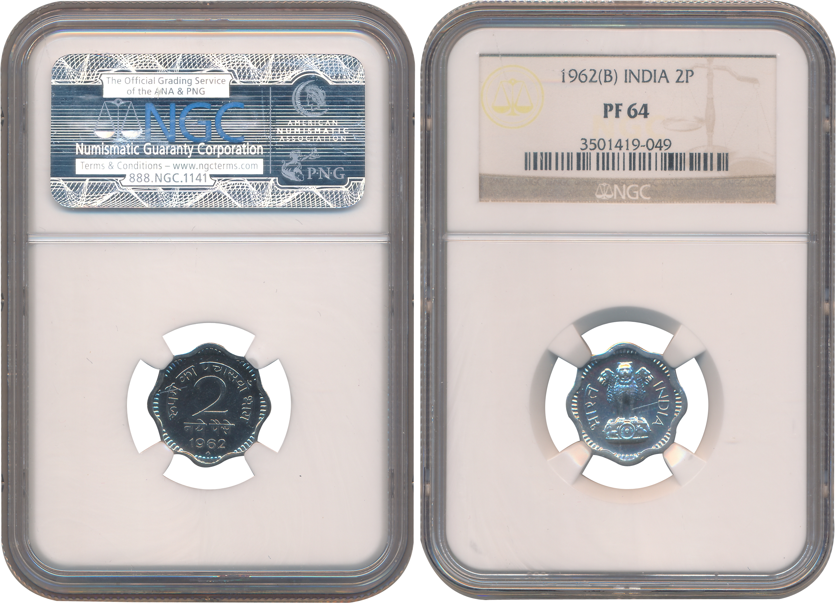 Copper Nickel, Proof, 2 Naye Paise, 1962, Bombay Mint. Slab & Graded by NGC as PF 64.