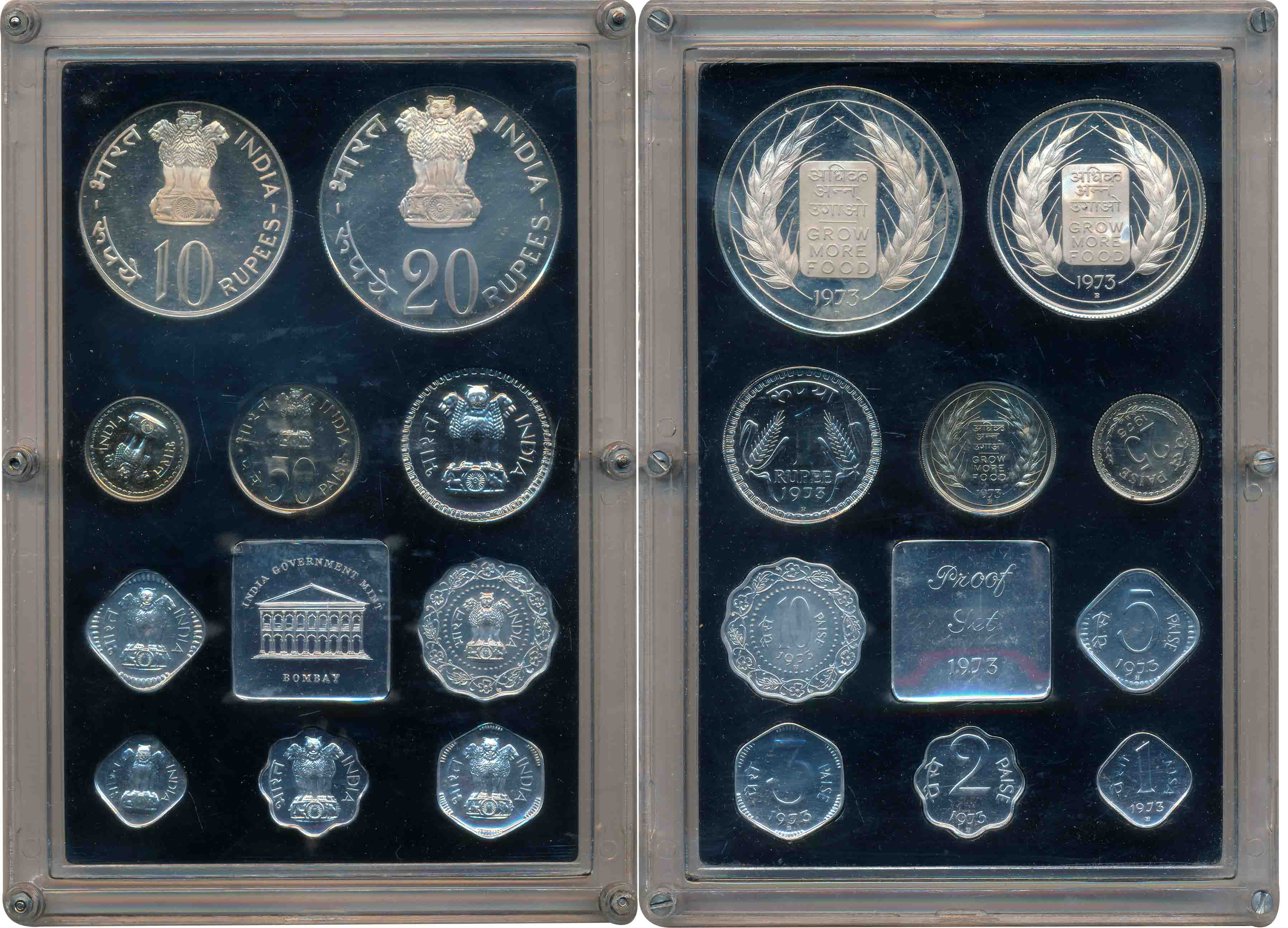 1973, Proof set of 10, "Grow More Food", Rupees 20, 10 & 1 & Paisa 50, 25, 10, 5, 3, 2 & 1