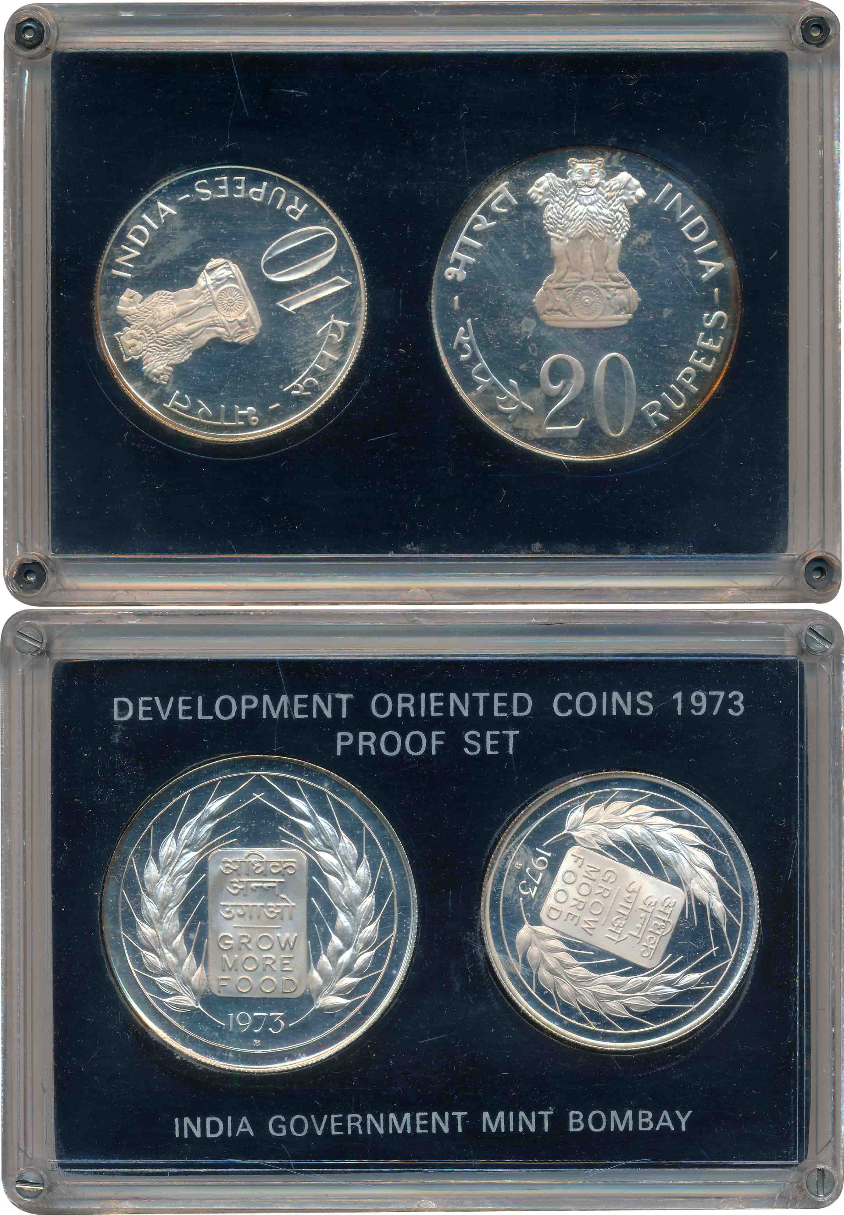 1973, Proof set of 2, "Grow More Food", Rupees 20 & 10, Bombay Mint (RB# 37). In acrylic c