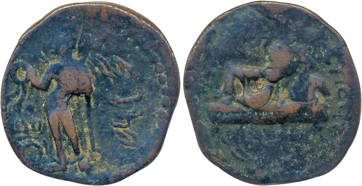 Kushan, Huvishka, Copper, 9.77g, Obv: King reclining on a bench, traces of Bactrian inscri