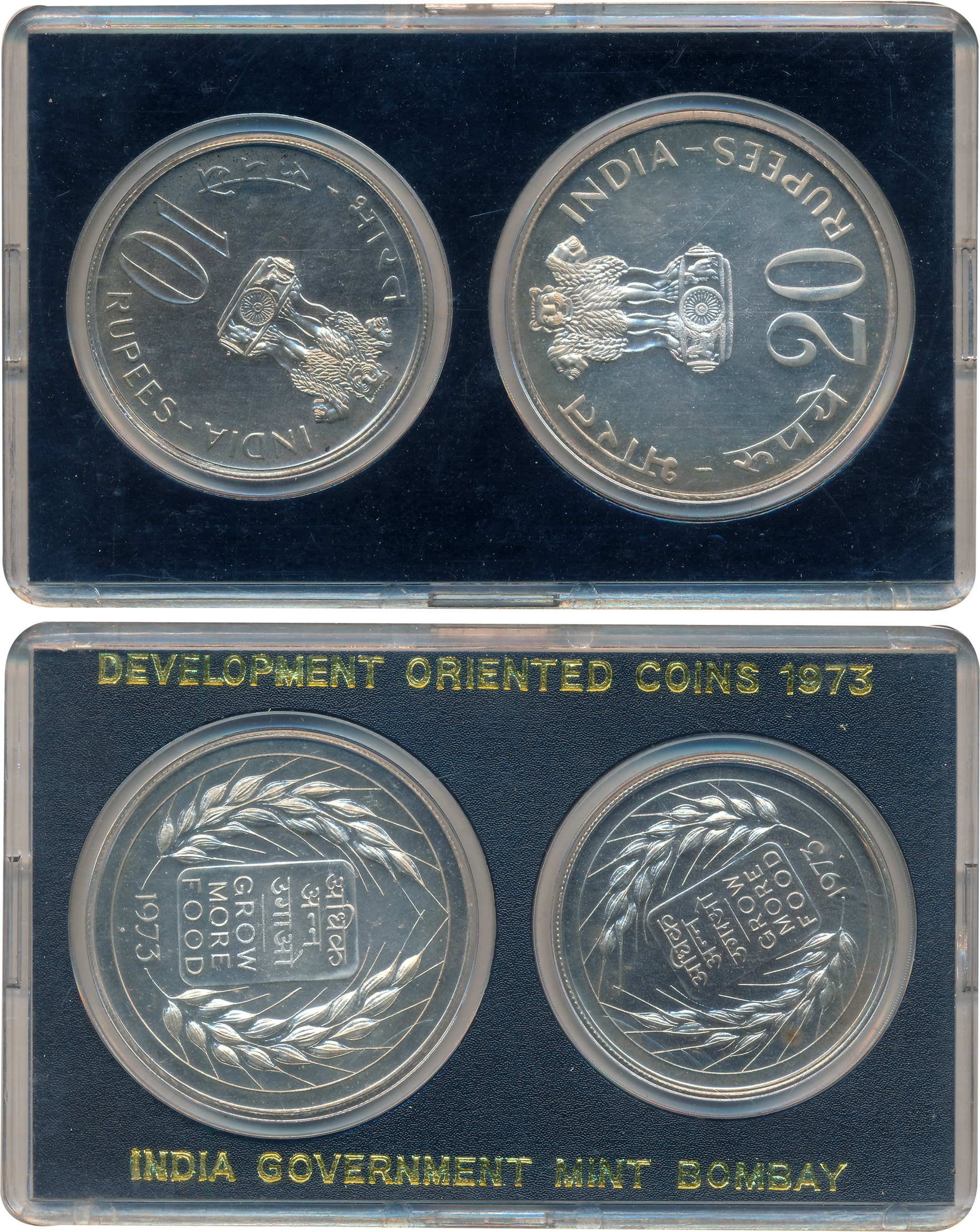 1973, Uncirculated Set of 2, "Grow More Food", Rupees 20 & 10, Bombay Mint, in acrylic cas