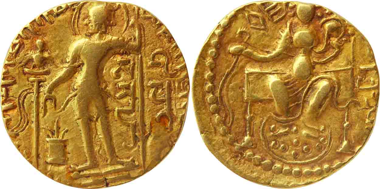 Gupta, Samudragupta, Gold Dinar, 7.40g, "Standard / Javelin" type, Obv: Nimbate King stand