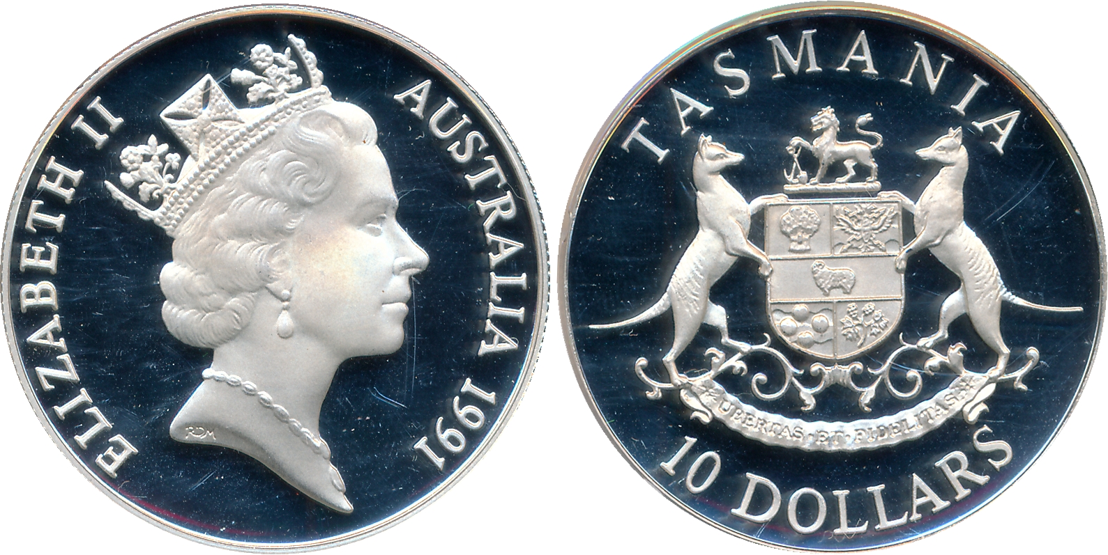 Australia, Elizabeth II, Silver, 10 Dollars, Proof, 1991, "Tasmania", Obv: Crowned bust to