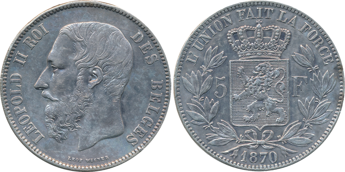 Belgium, Leopold II, Silver, 5 Francs, 1870, Obv: Smaller head, engraver's name near rim, 