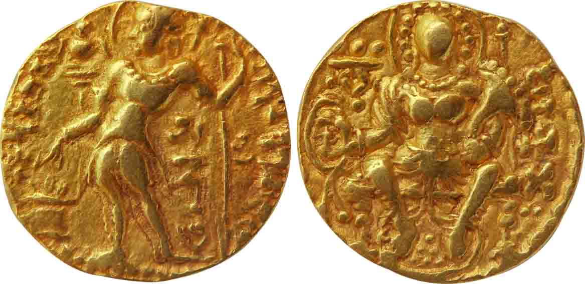 Gupta, Samudragupta, Gold Dinar, 7.79g, "Archer" type, Obv: Nimbate king, standing left in
