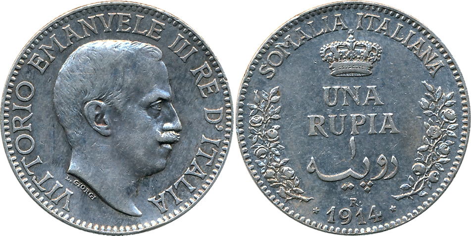 Italian Somaliland, Vittorio Imanuele III, Silver, Una Rupia, 1914R, Obv: Bust to right, l