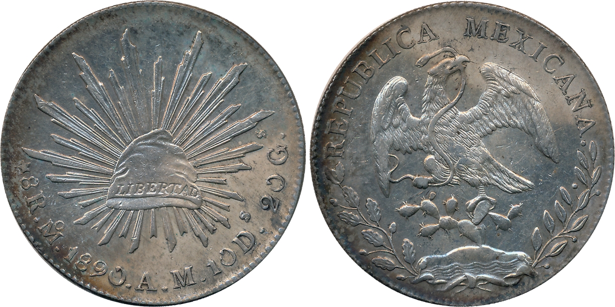 Mexico, Silver, 8 Reales, Mexico City Mint, Obv: Facing Eagle, Snake in beak, Rev: Radiant