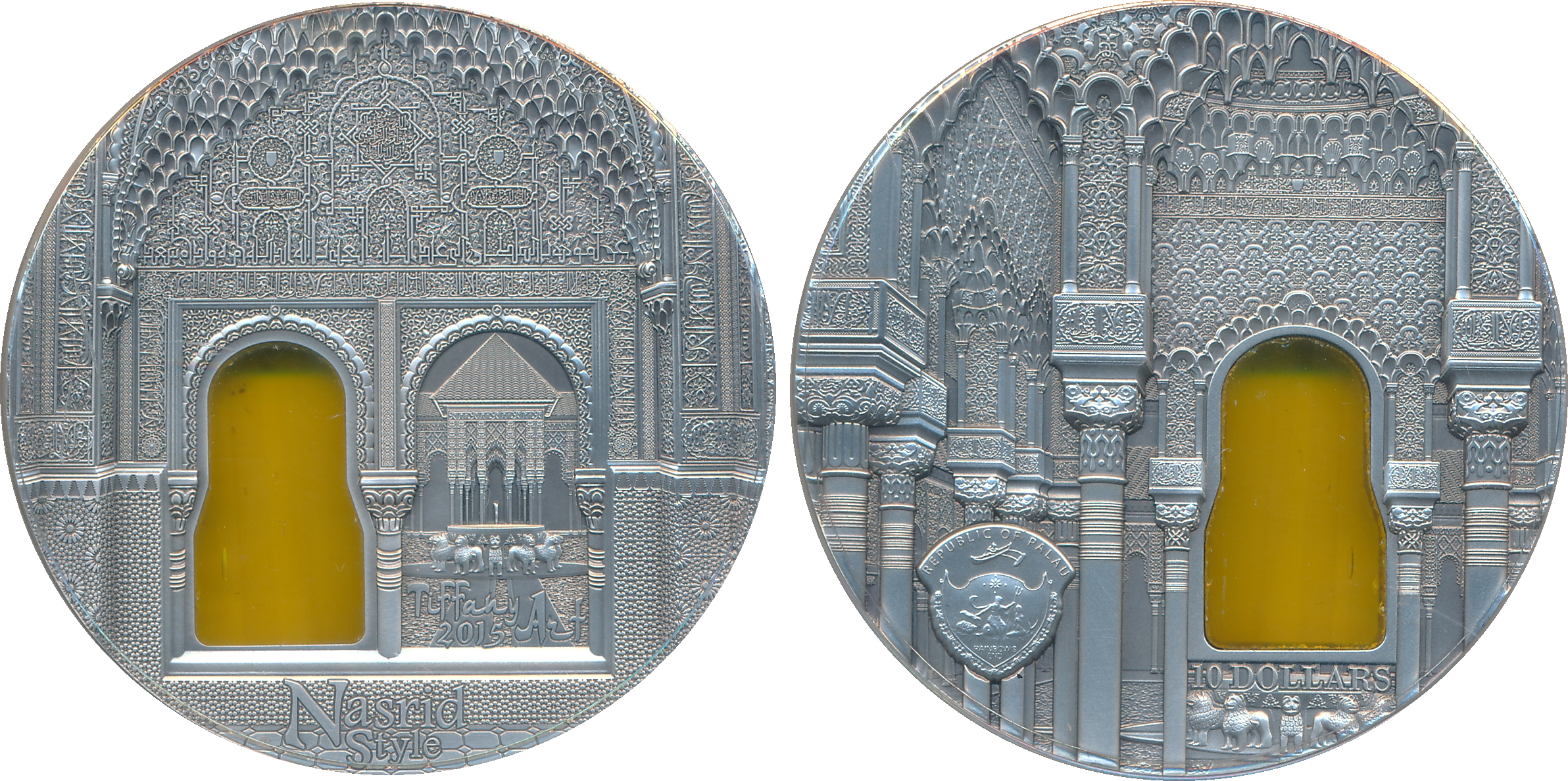Palau, Silver, 10 Dollars- 2 Oz Silver, "TIFFANY ART NASRID STYLE", Alhambra Granada. In o