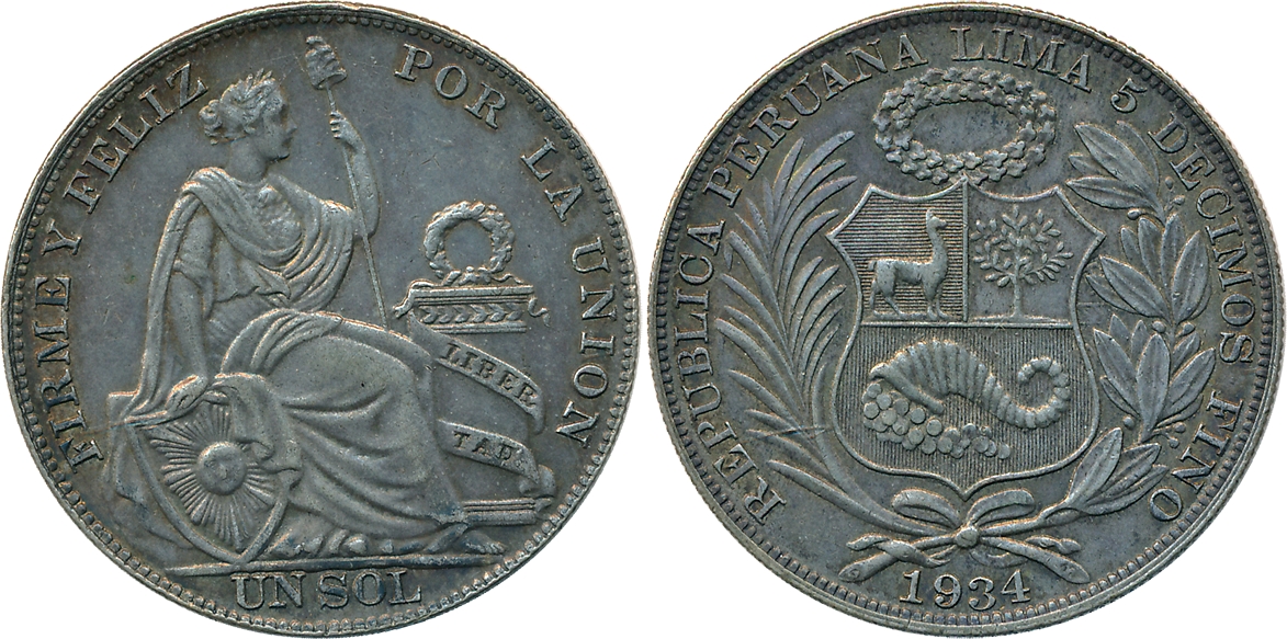 Peru, Silver, Sol, 24.66g, Obv: National arms, engravers initials GM on stems flanking, da