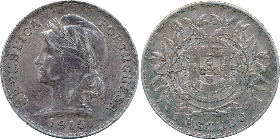 Portuguese, Silver Escudo, 1915, Obv: Liberty head to left, Rev: Shield within designed ci
