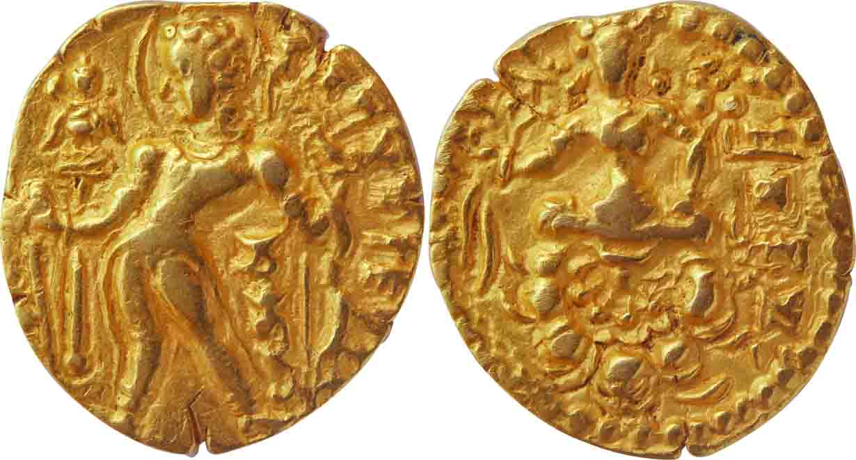 Gupta, Chandra Gupta II, Gold Dinar, 7.32g, "Archer" type, Obv: Nimbate king standing wear