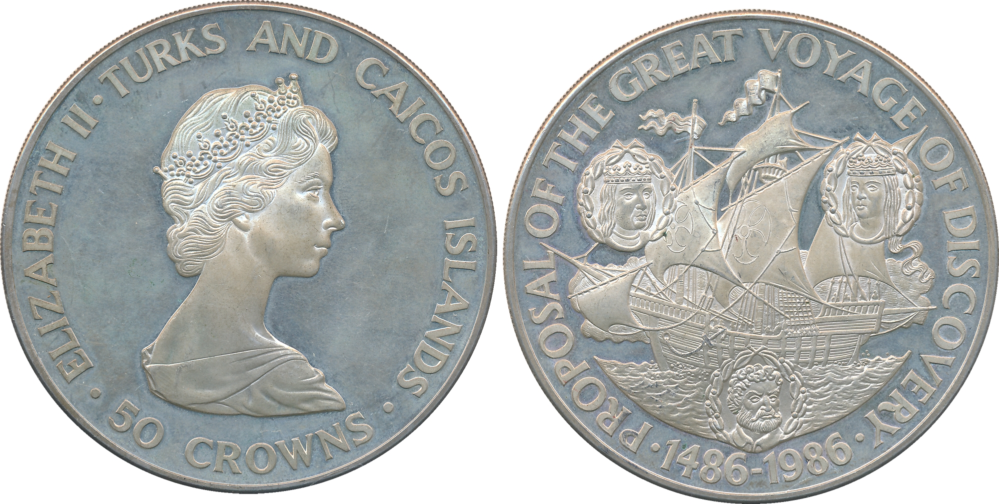 Turks and Caicos, Elizabeth II, Silver, 50 Crowns, Proof, 135.96g, 1986, "Commemorating 50