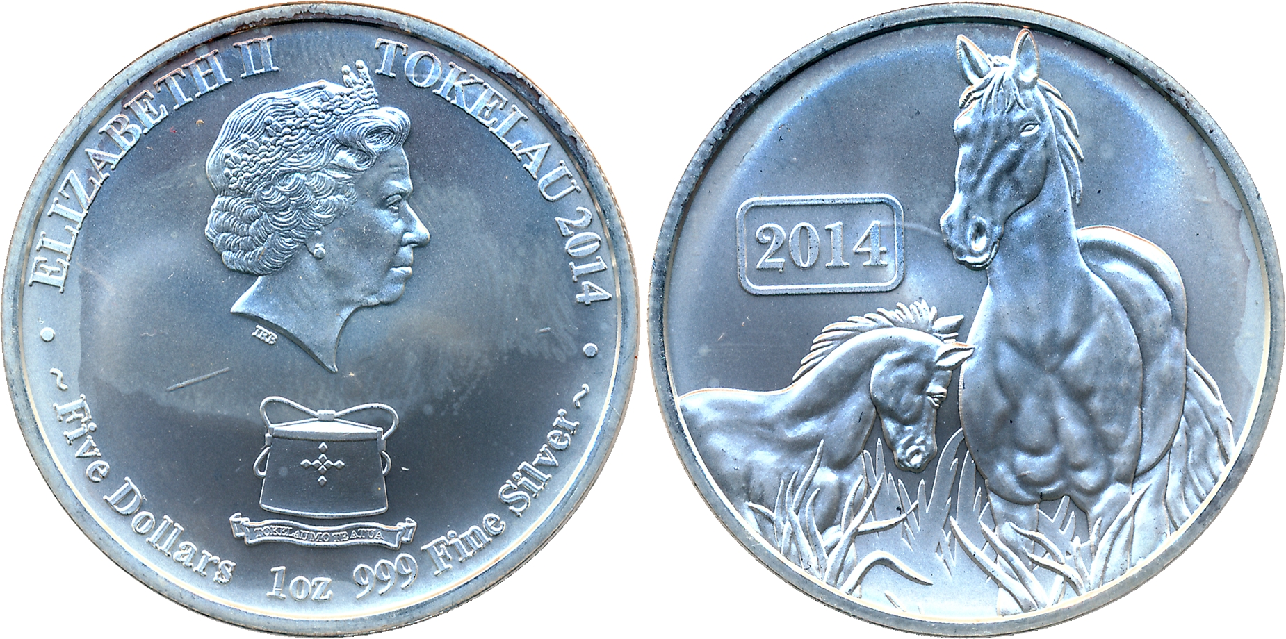 Tokelau Islands, Elizabeth II, Silver, 5 Dollars- 1oz, 999 Silver, Obv: Crowned bust to ri