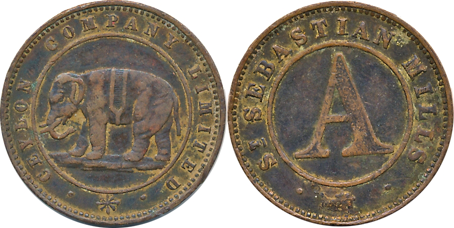 St. Sebastian Mills, Copper Token, Ceylon Company Limited. Very fine, rare.
