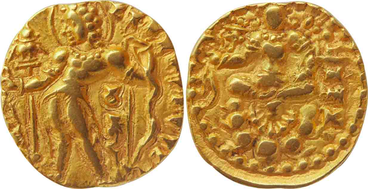 Gupta, Chandra Gupta II, Gold Dinar, 7.98g, "Archer" type, Obv: Nimbate king standing wear