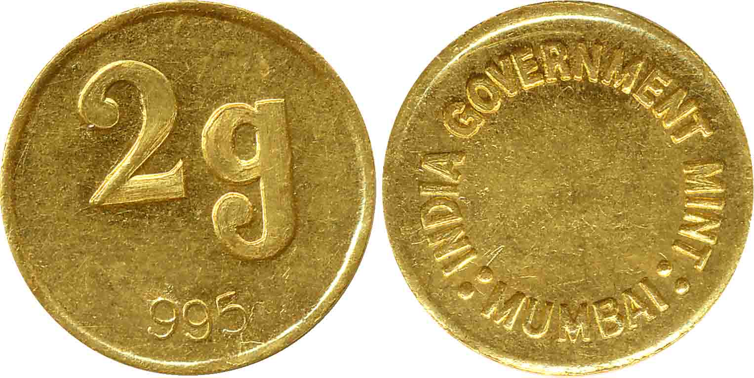 India Government Mint, Gold, 2 g, Mumbai on reverse. Very fine+.