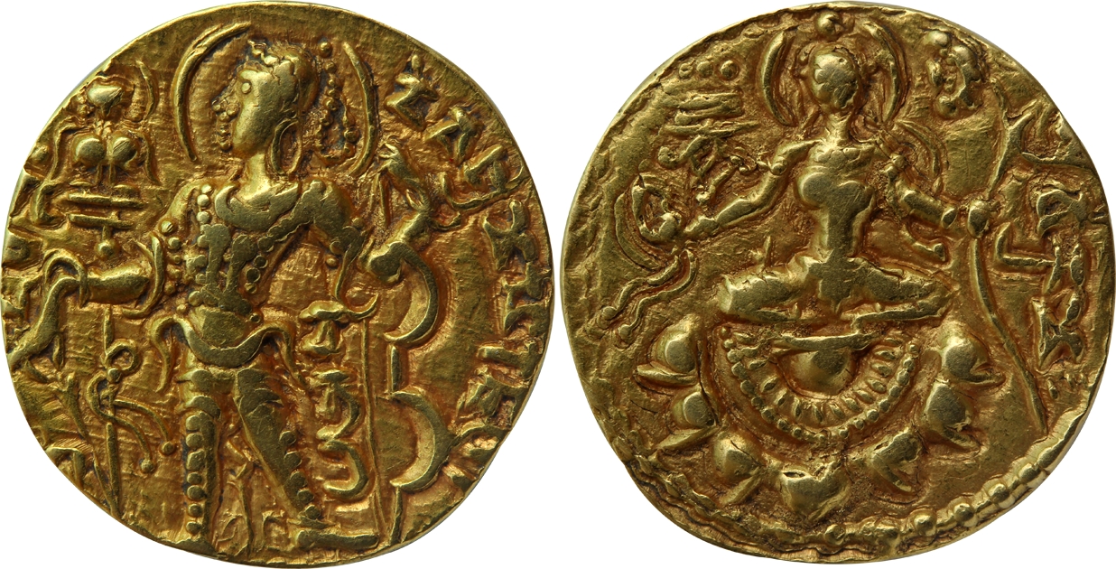 Gupta, Chandra Gupta II, Gold Dinar, 7.79g, "Arche" type, Obv: Nimbate king standing weari