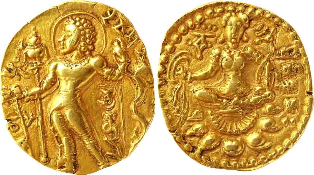 Gupta, Chandra Gupta II, Gold Dinar, 7.99g, "Archer" type, Obv: Nimbate king standing wear