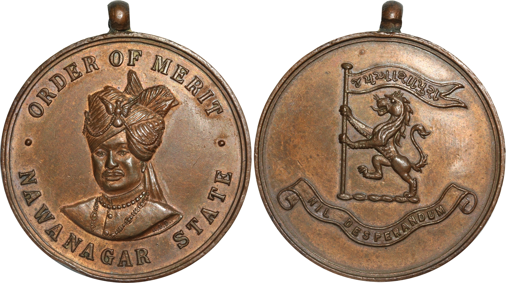 Nawanagar, Jam Sri Ranjitsinghji, Order of Merit Medal, Copper, 25.40g, Obv: Bust of Jam S