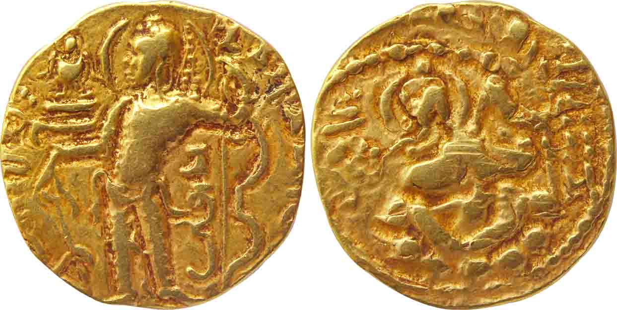 Gupta, Chandra Gupta II, Gold Dinar, 7.86g, "Archer" type, Obv: Nimbate king standing wear