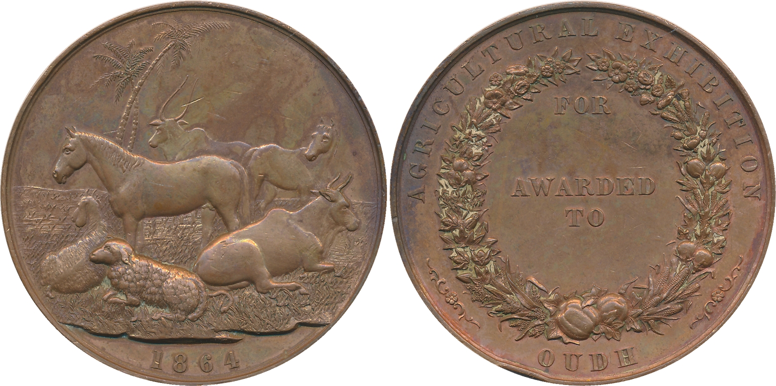 Oudh Agricultural Exhibition Medal, Copper, 52.05g, Obv: Scene of various animals with hor