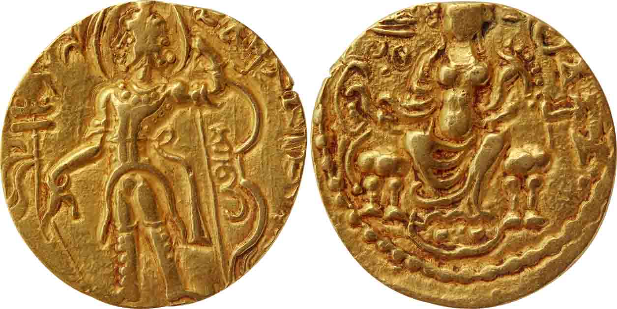 Gupta, Chandra Gupta II, Gold Dinar, 7.81g, "Archer" type, Obv: Nimbate king standing wear