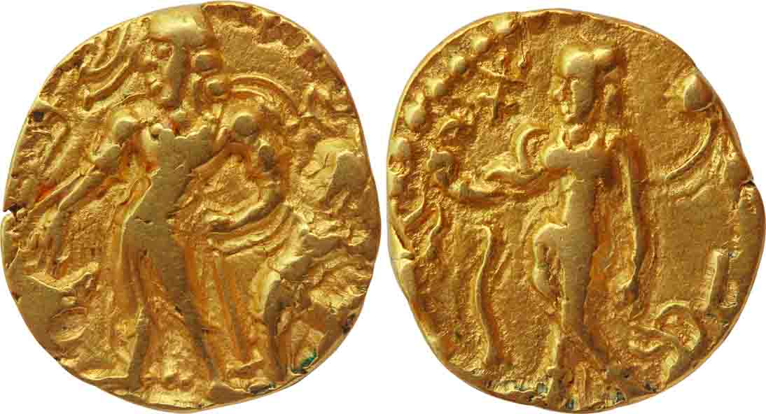 Gupta, Chandra Gupta II, Gold Dinar, 7.73g, "Chhatra" type, Obv: Bare-bodied king, standin