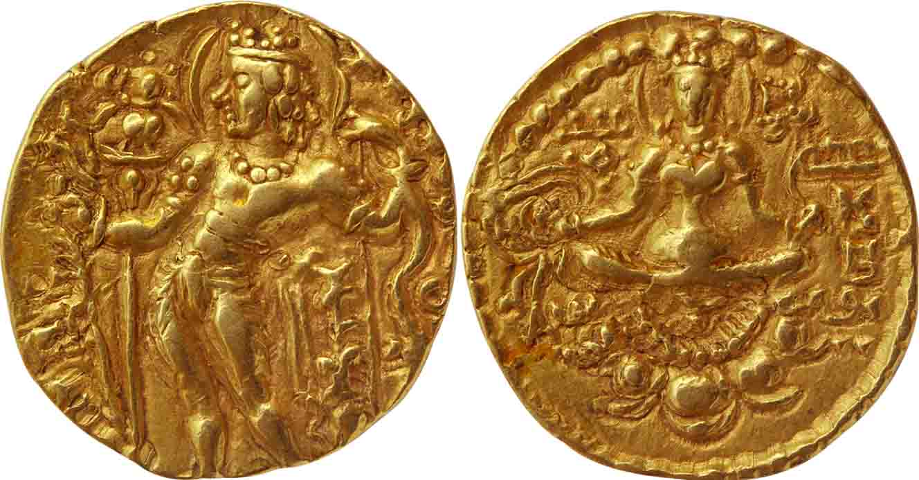 Gupta, Kumara Gupta, Gold Dinar, 7.97g, "Archer" type, Obv: Nimbate king standing wearing 