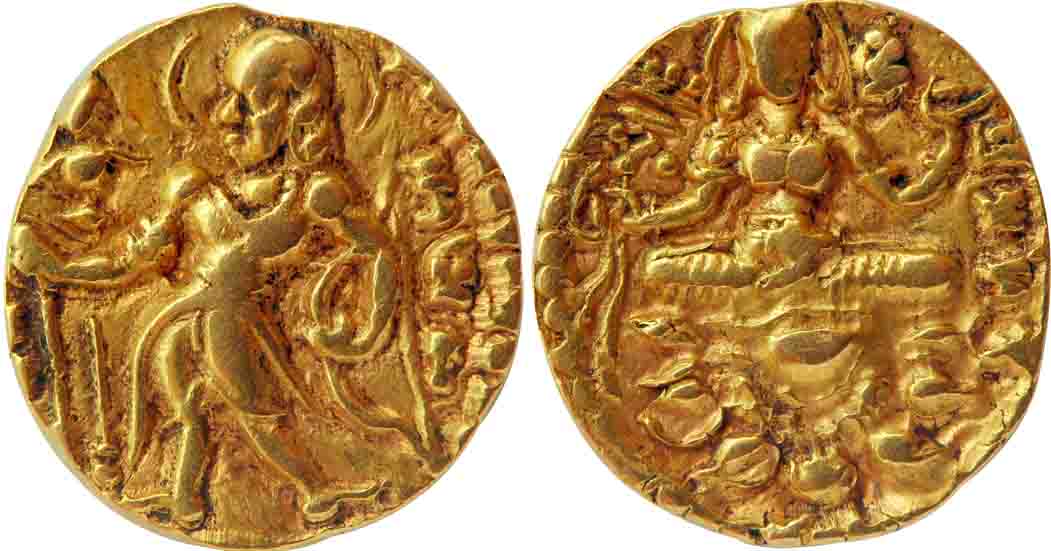 Gupta, Kumara Gupta, Gold Dinar, 7.89g, "Archer" type, Obv: Nimbate king, wearing tunic an