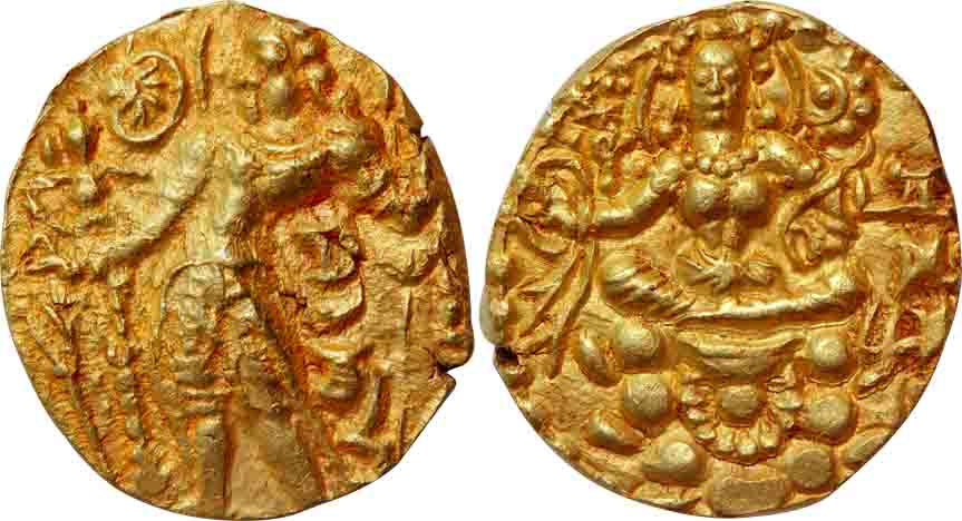 Gupta, Chandra Gupta III, Gold Dinar, 8.65g, "Archer" type, Obv: Nimbate king, standing fa