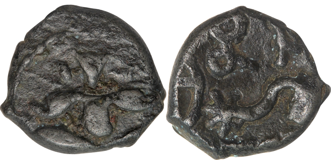Nirupama, Attributed to Dhruva Dharavarsha (780-795), Copper, 3.40g, Obv: Anthropomorphic 