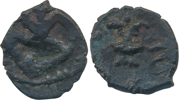 Rashtrakutas, Copper, 1.98g, Obv: anthropomorphic Garuda seated cross legged, Rev: Uncerta