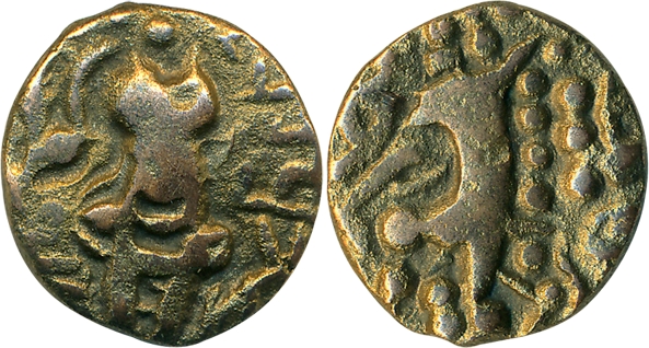 Karkotaka's of Kashmir, Pratapaditya, Base Gold Dinar, 6.76g, Obv: Crude representation of