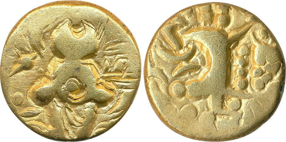 Karkotaka's of Kashmir, Pratapaditya, Base Gold Dinar, 7.38g, Obv: Crude representation of