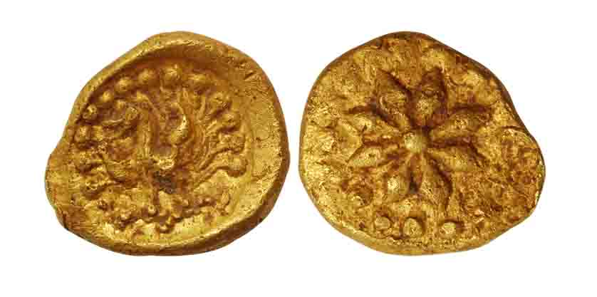 Chalukyas of Kalyani, Vikramaditya VI, Gold Navilachchu Fanam, 0.55g, Obv: Peacock (Navila