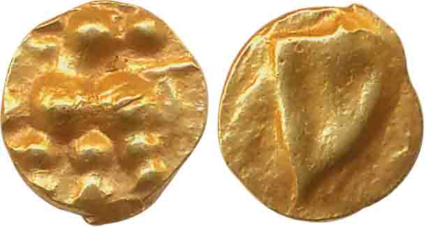 Chalukyas of Kalyani, Gold Fanam, 0.35g, Obv: Lion facing left with raised foreleg, Rev: T