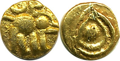 Kakatias of Warangal, Gold 1/4 Fanam, 0.09g, Obv: Boar Varaha to right, Rev: Sri in Kannad