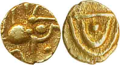 Kakatias of Warangal, Gold 1/4 Fanam, 0.08g, Obv: Boar-Varaha to right, Rev: Sri in Kannad