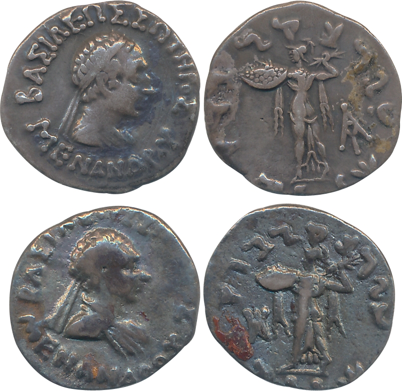 Indo Greek, Menander, Silver Drachma (2), 2.38g, 2.28g, Obv: Diademed bust of the king to 