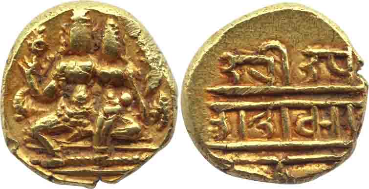 Vijaynagar Empire, Sadashivraya, Gold Varaha, 3.42g, Obv: Lord Vishnu seated in Padmasana 