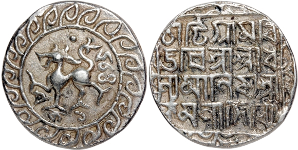 Dhanya Manikya with Queen Kamala (1490-1526), Silver Tanka, 10.29g, SE 1435, Obv: Lion to 