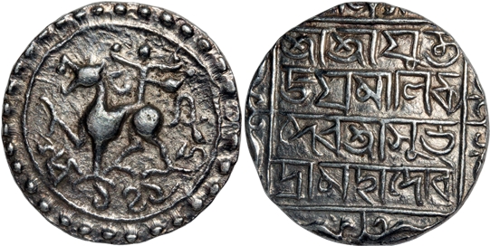 Jaya Manikya with Queen Subhadra (1573-1577), Silver Tanka, 10.69g, SE 1495, Obv: Lion to 