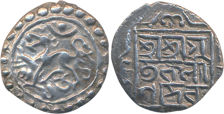 Kalyana Manikya (1626-1660), Silver 1/4 Tanka, 2.44g, SE 1548, Obv: Lion to left, date Sak